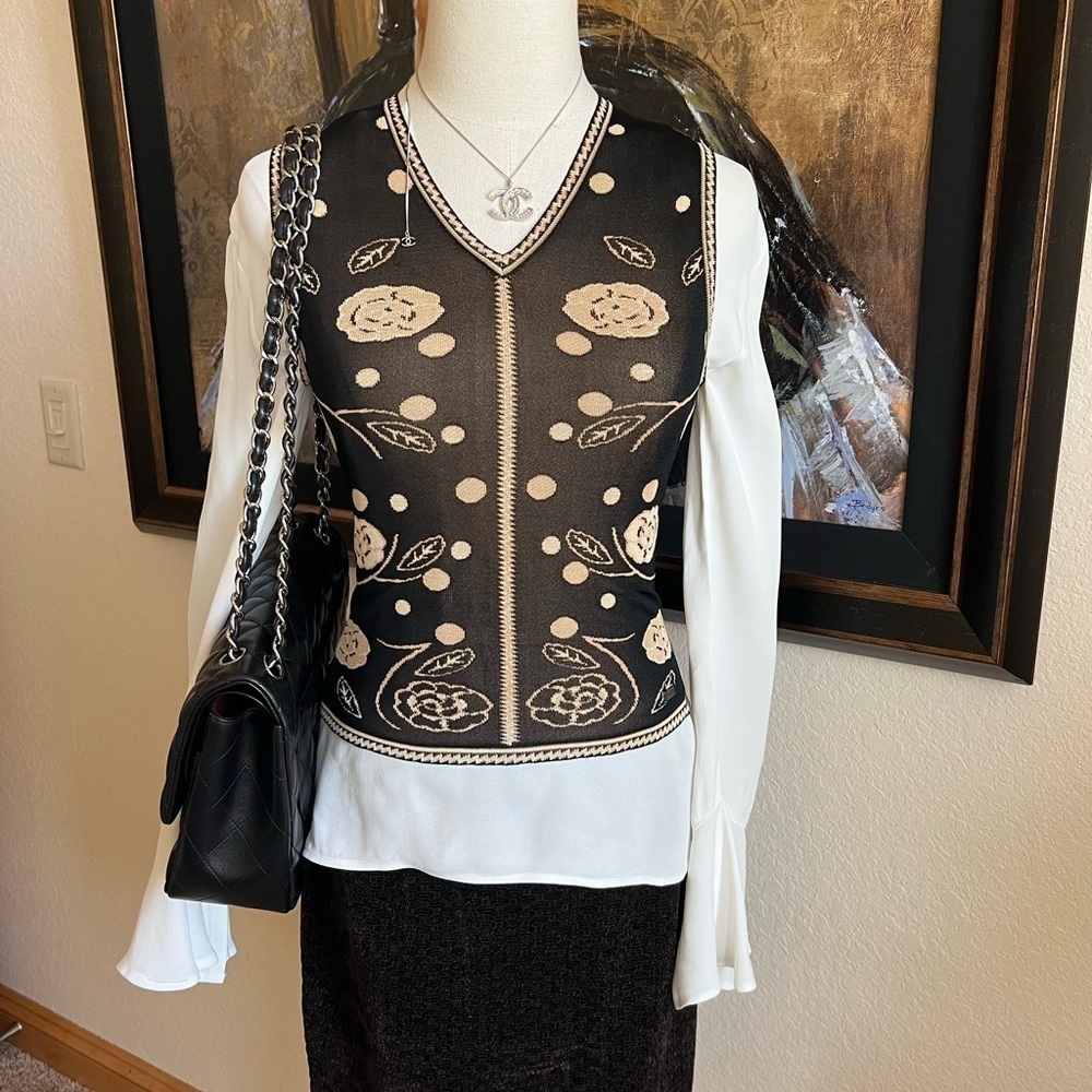Chanel Top Black/Brown Tan Camelia Design Size 36/ US 4-6.